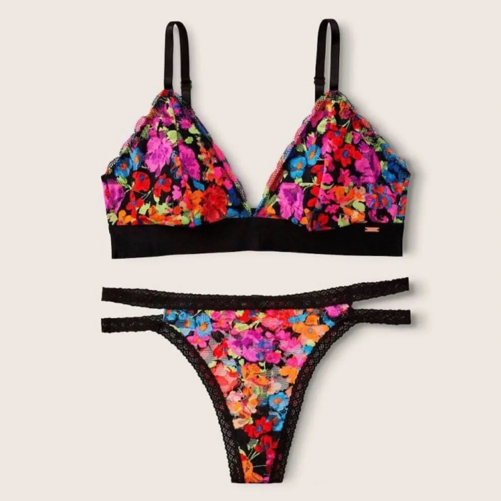 Floral Multicolor Padded Bralette with Black Trim and Panties Matching set